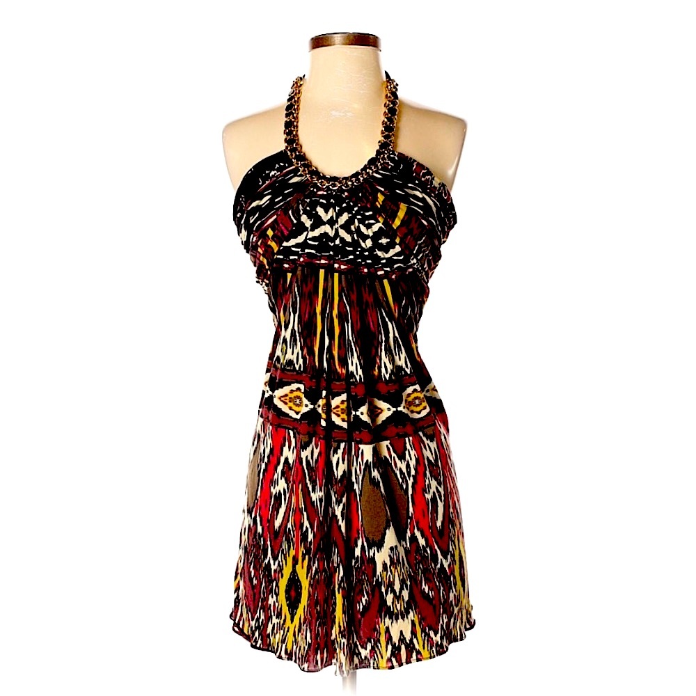 Sky silk halter dress with embellished chain neck small